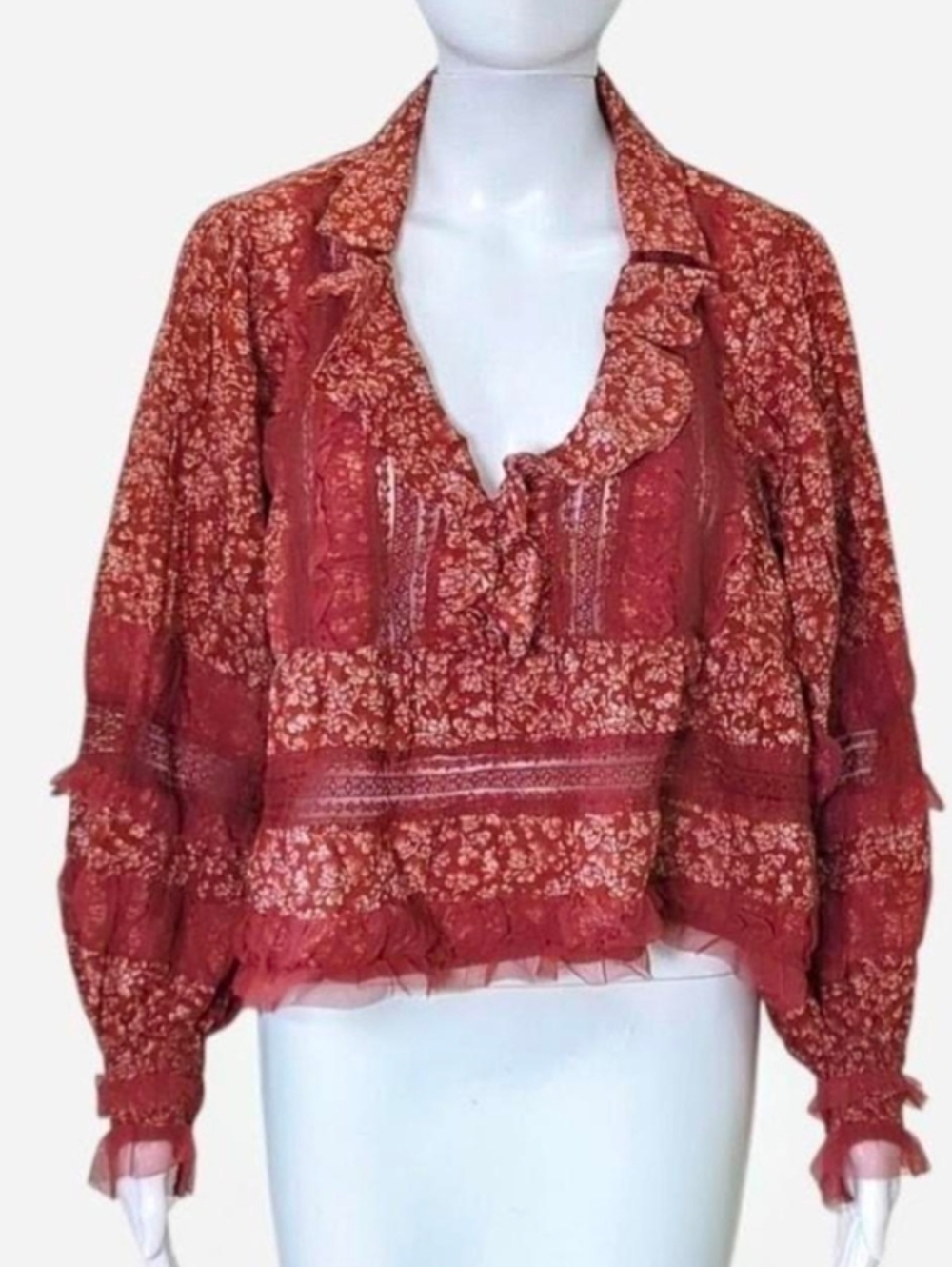 Anthropologie burgundy floral blouse with sheer ruffle trim  Size Large